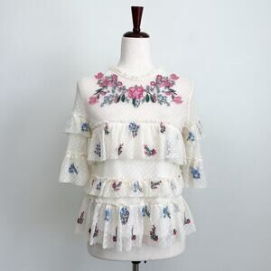 Willow & Clay Sheer Mesh Embroidered Beaded Ruffle Blouse NWT